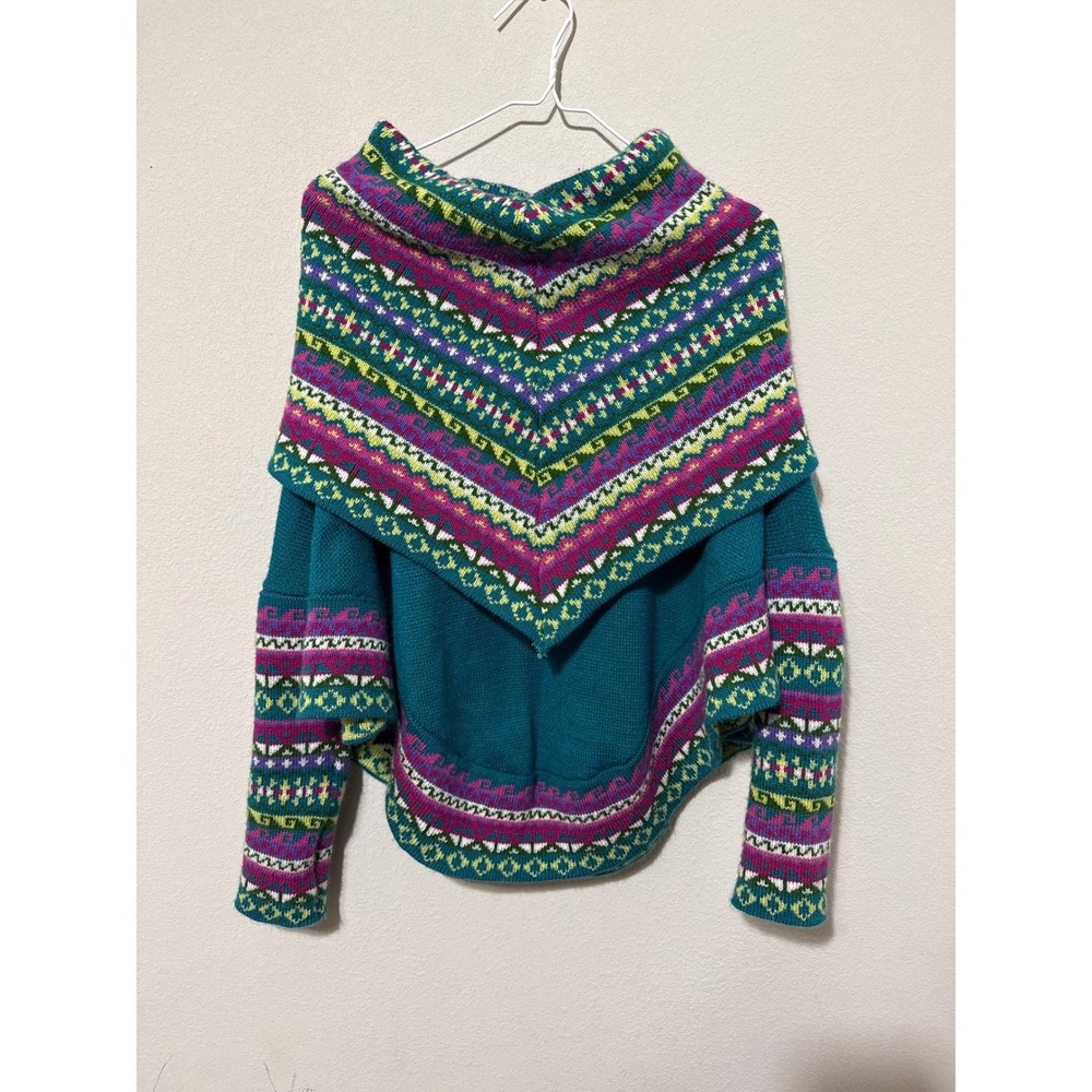 100% Alpaca Wool Sleeved Poncho Womens OS Teal Fair Isle Knit